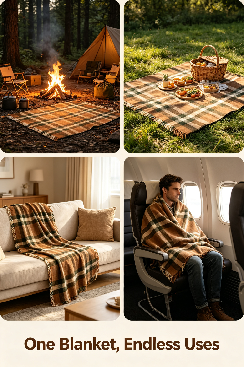 Classic Plaid Wool Blend Outdoor Blanket