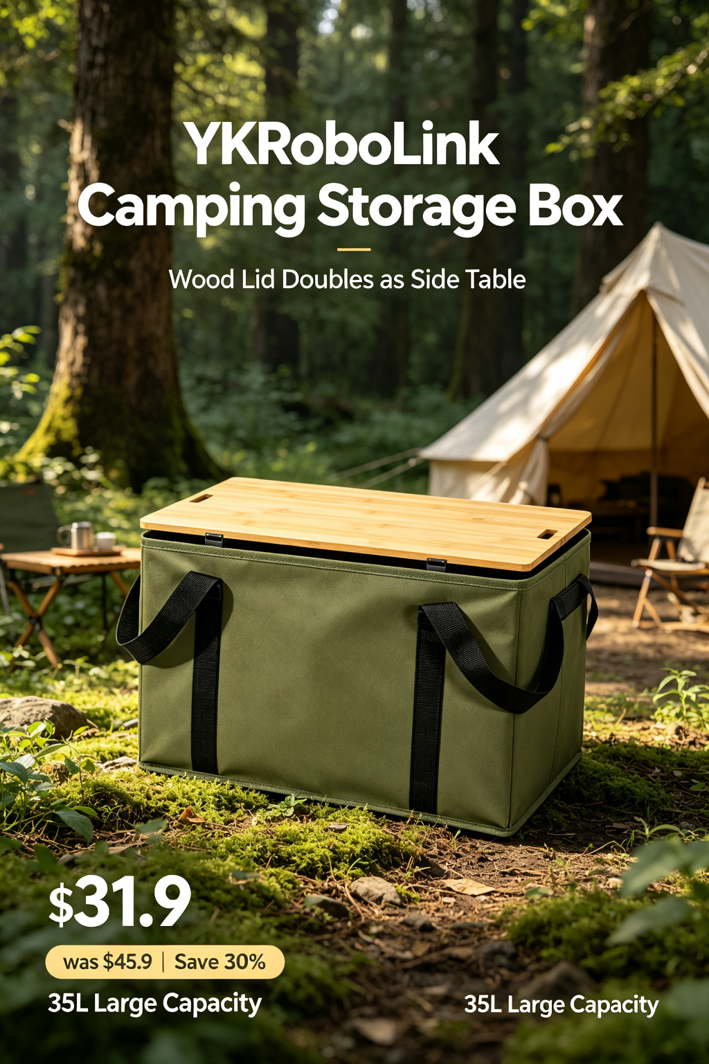 Foldable Camping Storage Box with Bamboo Wood Lid