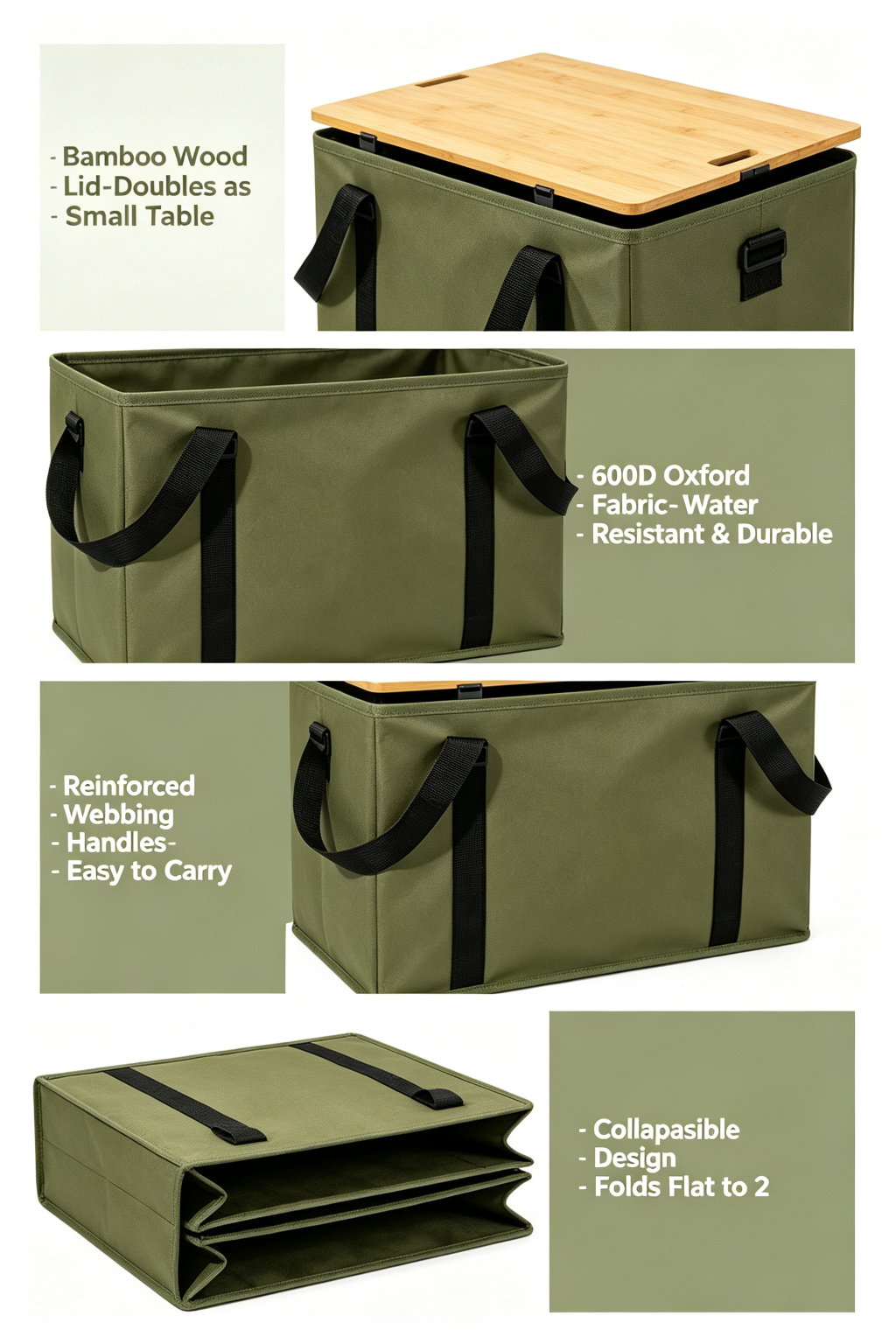 Foldable Camping Storage Box with Bamboo Wood Lid