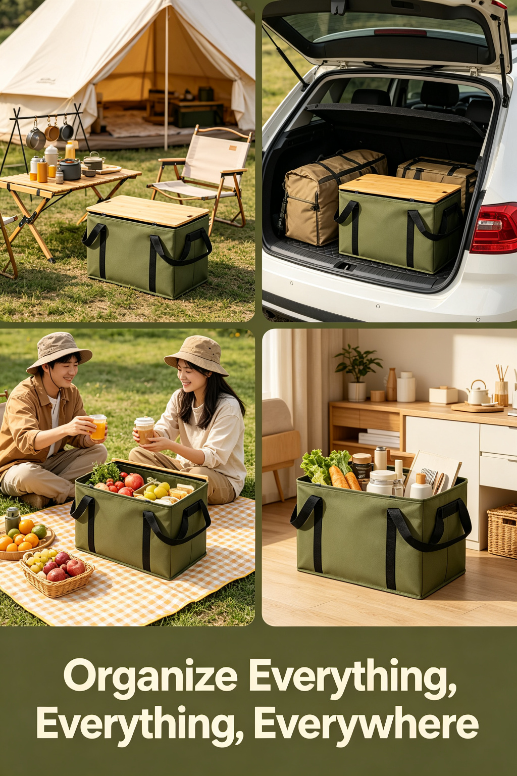 Foldable Camping Storage Box with Bamboo Wood Lid