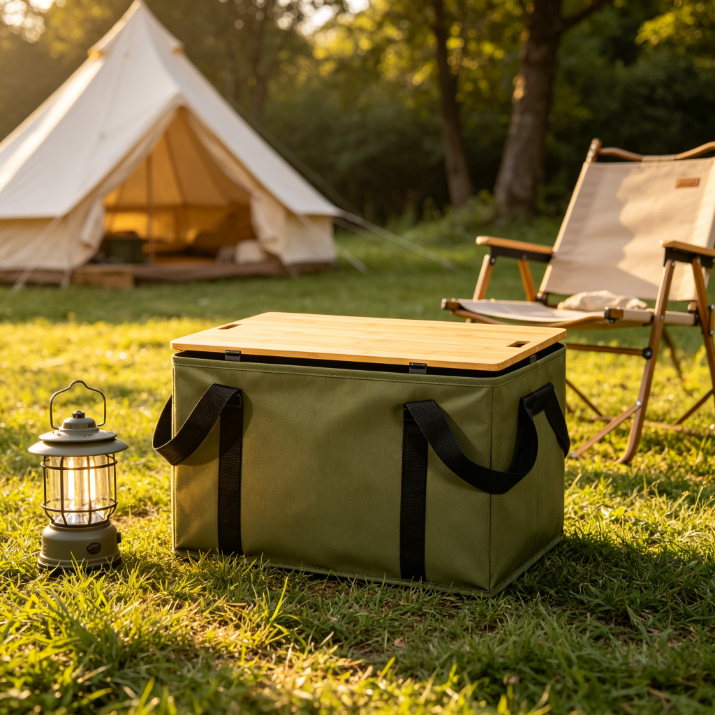 Foldable Camping Storage Box with Bamboo Wood Lid