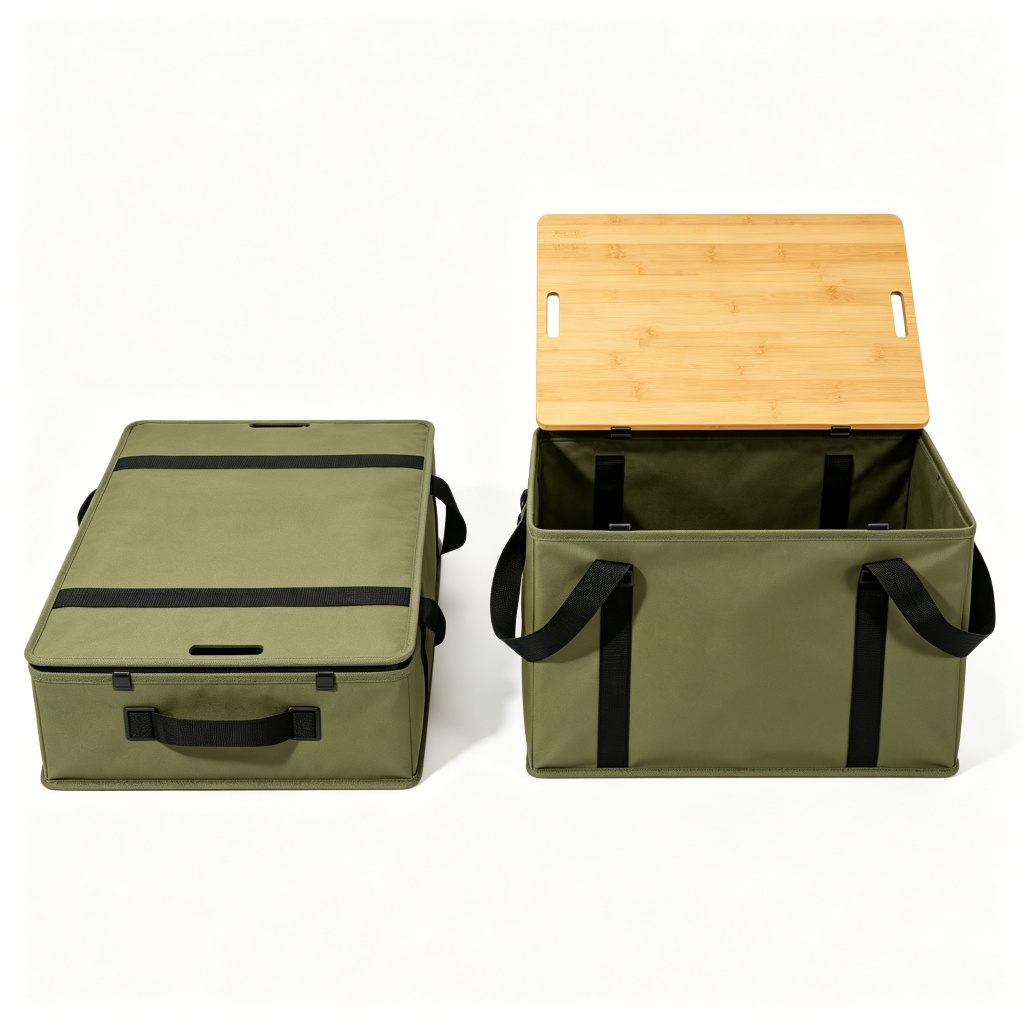Foldable Camping Storage Box with Bamboo Wood Lid