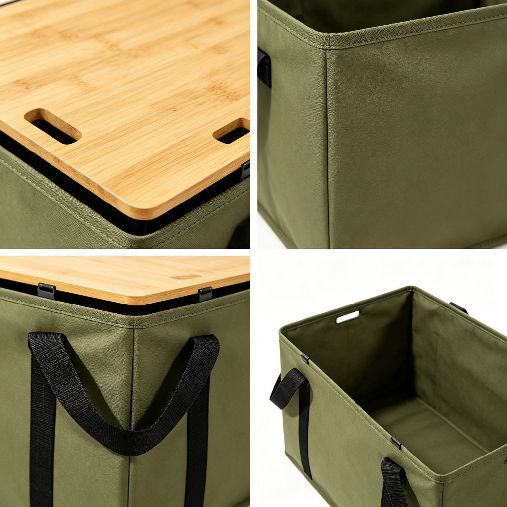 Foldable Camping Storage Box with Bamboo Wood Lid