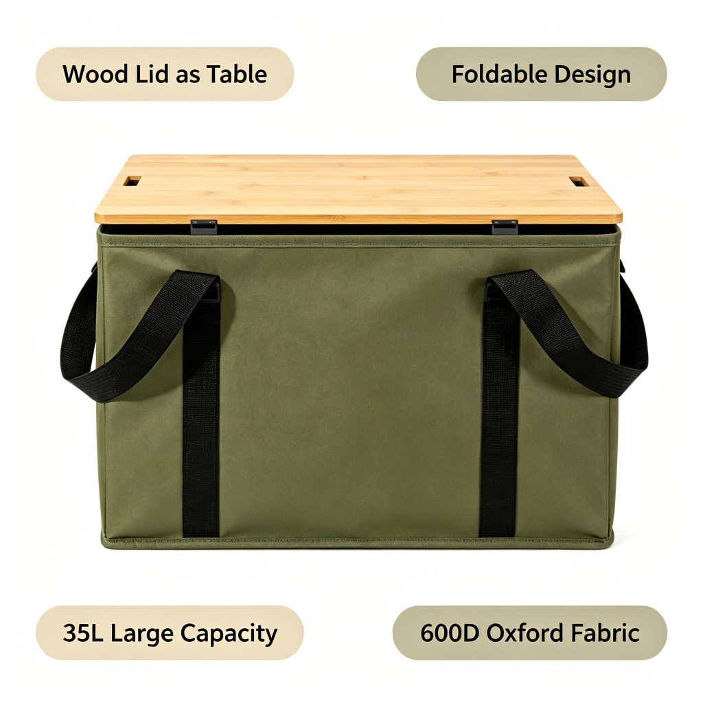 Foldable Camping Storage Box with Bamboo Wood Lid