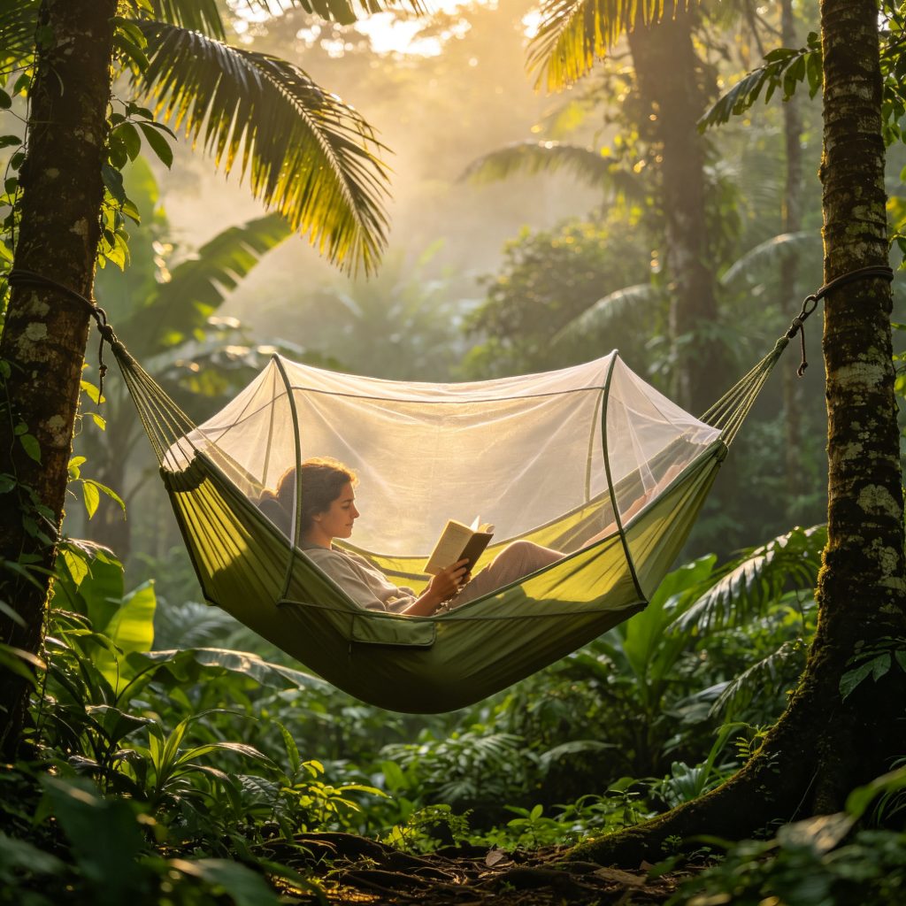 Mosquito net hammock in jungle scene