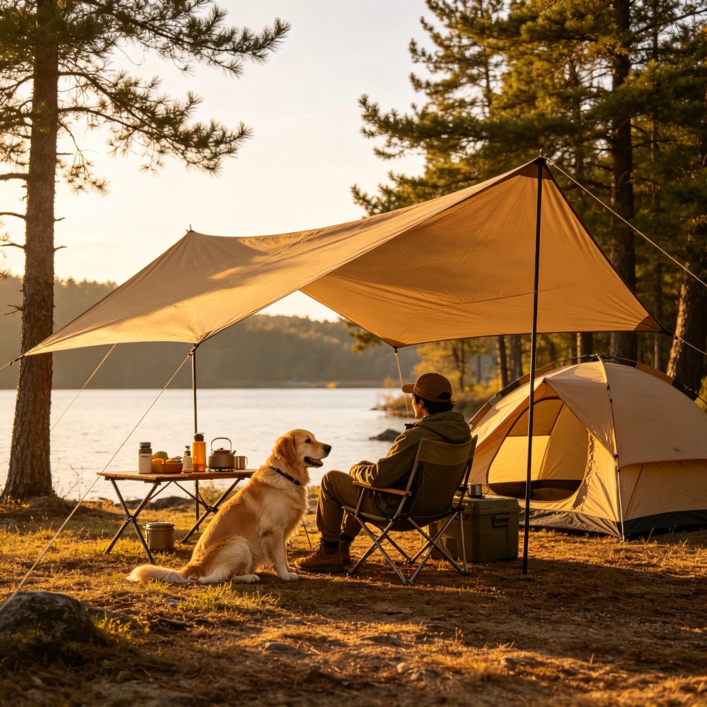 Camping tarp shelter in use