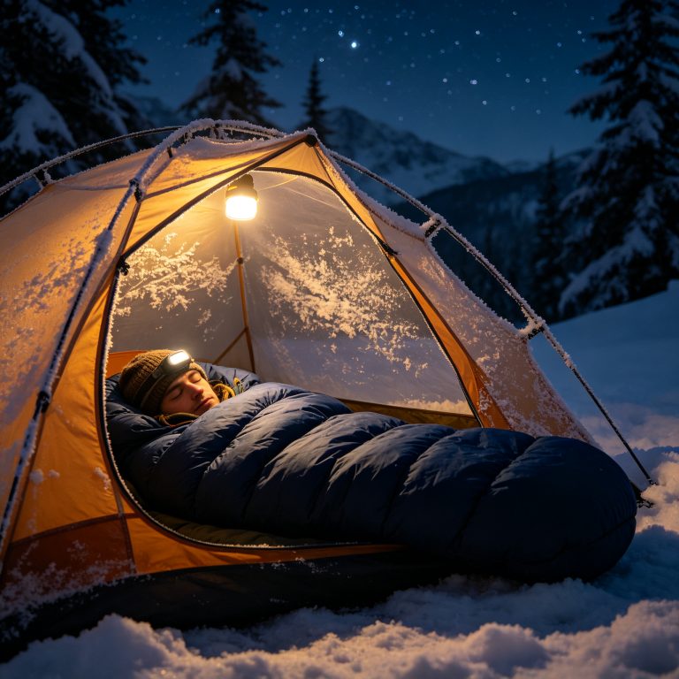 Sleeping bag in snow camping scene