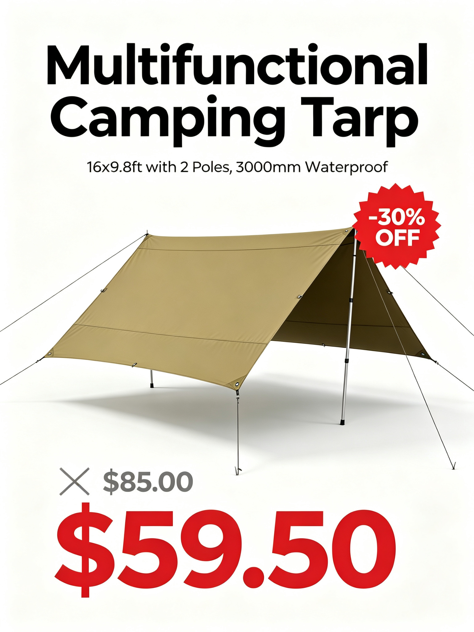 Multifunctional Camping Tarp with 2 Poles