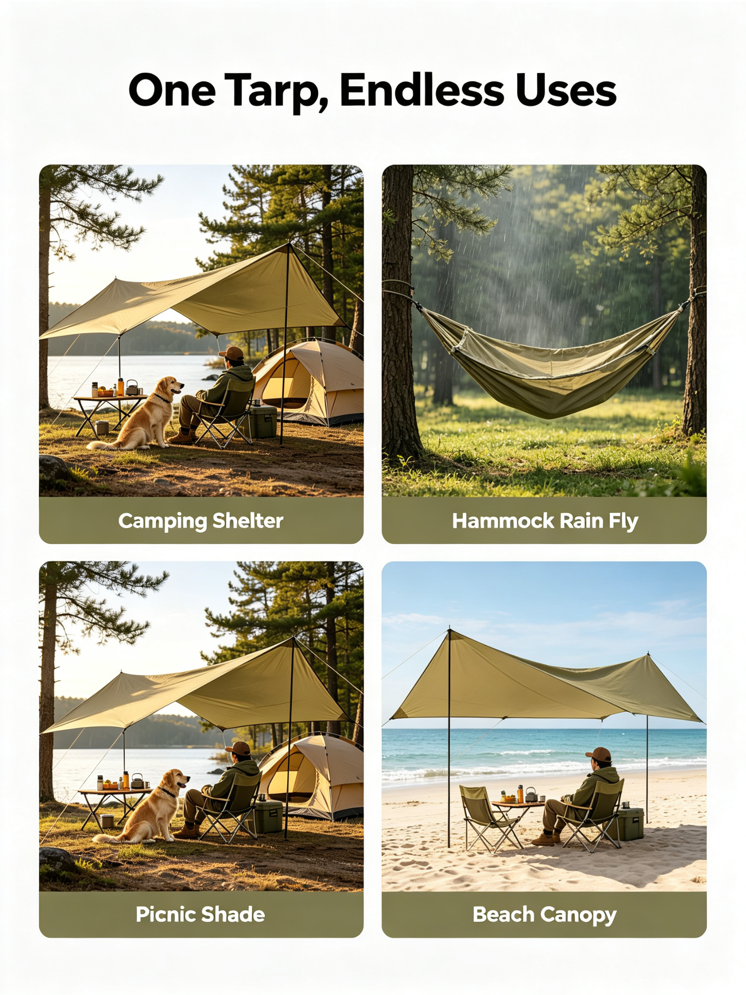 Multifunctional Camping Tarp with 2 Poles