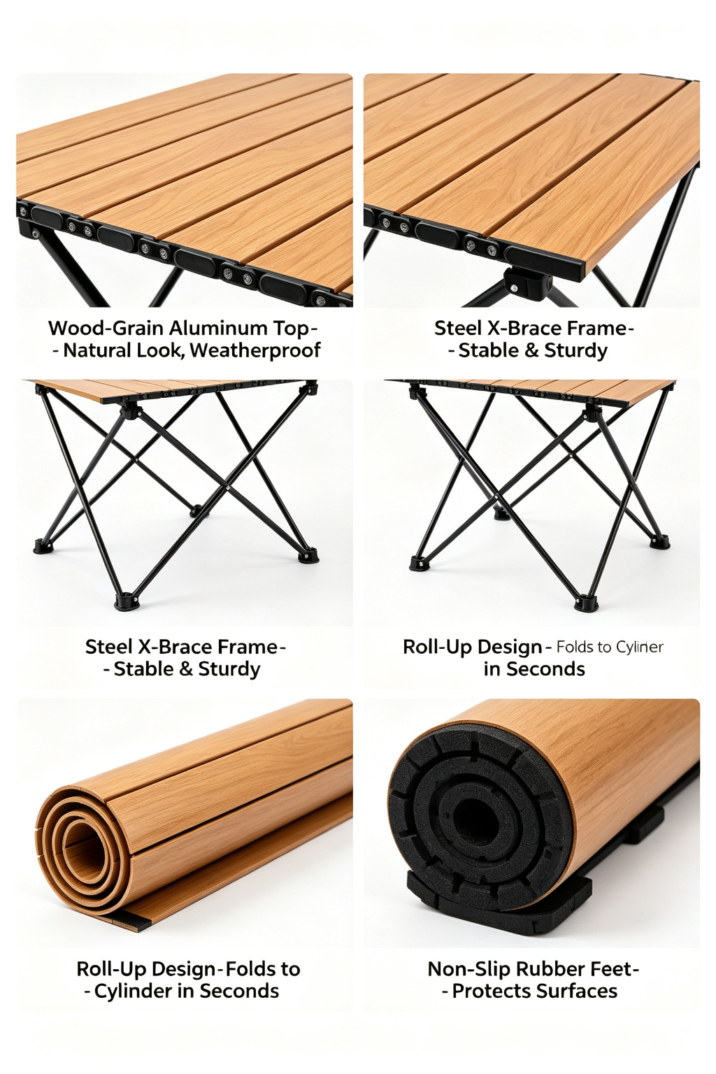 Roll-Up Wood-Grain Aluminum Folding Table