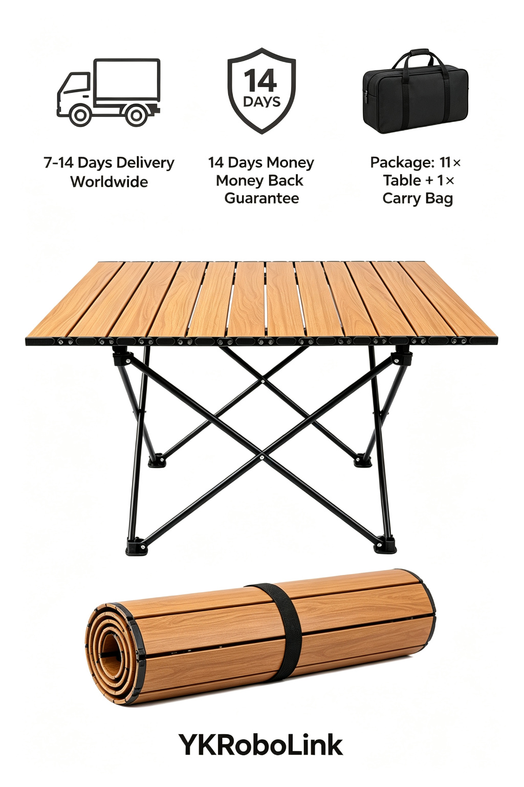 Roll-Up Wood-Grain Aluminum Folding Table