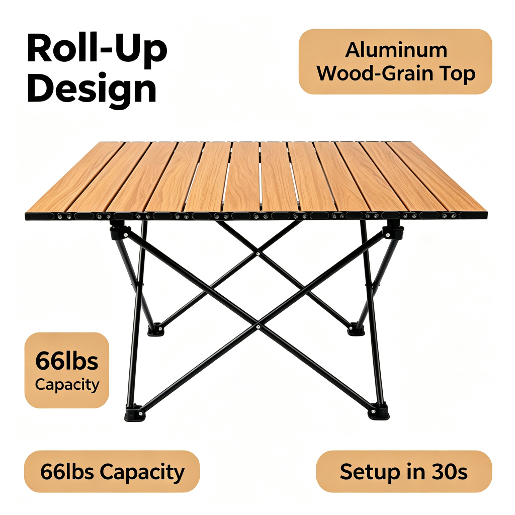 Roll-Up Wood-Grain Aluminum Folding Table