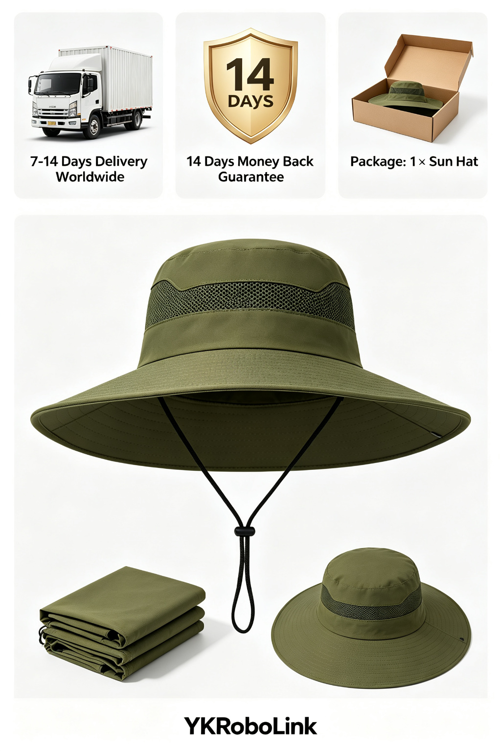 Wide Brim Bucket Sun Hat with Chin Strap