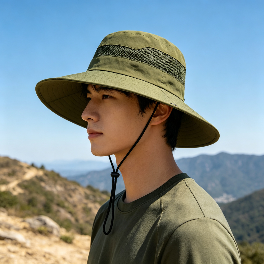 Wide Brim Bucket Sun Hat with Chin Strap