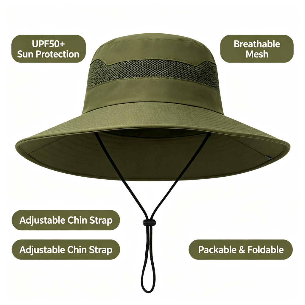 Wide Brim Bucket Sun Hat with Chin Strap