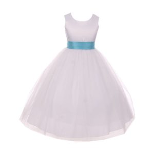 Kleid – kleine Mädchen, Weiß, Aqua, Tüll, Satin, Bindegürtel, Schleife, Blumenmädchen – 2-6