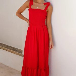 Kleid – gerüscht, gesmokt, Rüschen, Saum, ärmellos