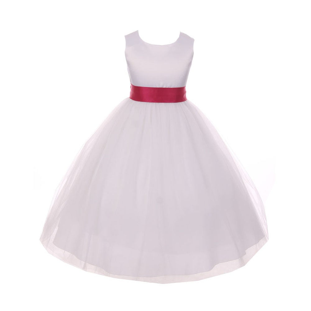 Kleid – kleine Mädchen, Weiß, Fuchsia, Tüll, Satin, Bindegürtel, Schleife, Blumenmädchen – 2-6