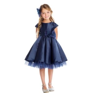 Kleid – kleine Mädchen, Marineblau, Satin, vollständig plissiert, Schleife, Akzent, Weihnachten – 2-6