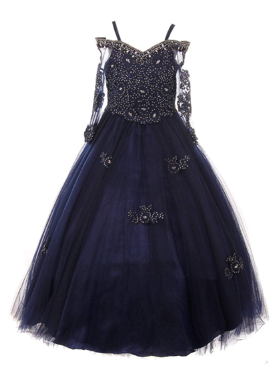 Kleid – Mädchen, Altrosa, schulterfrei, Langarm, mit Strass, Festmode, Größen – 2-16