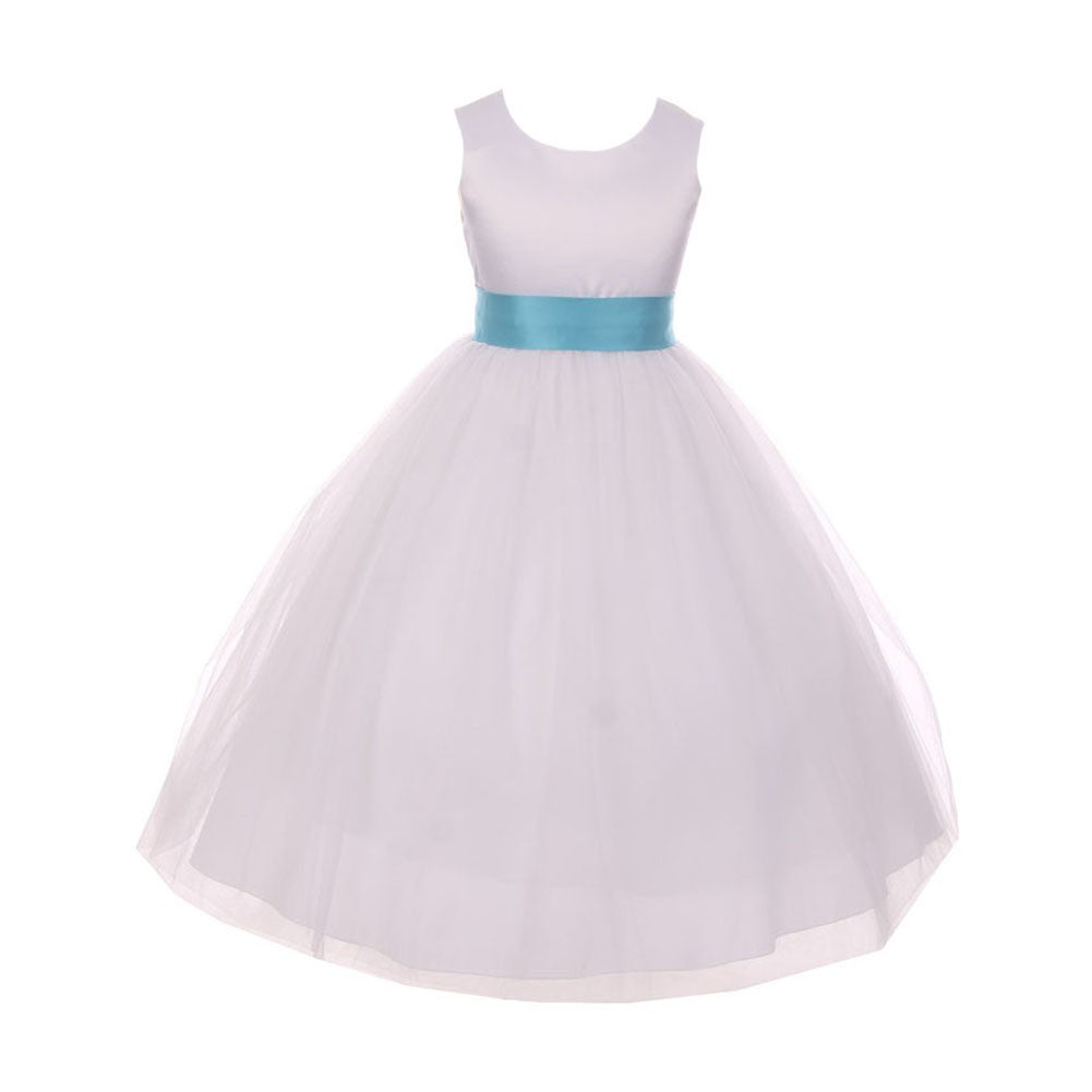 Kleid – größere Mädchen, Weiß, Aqua, Satin, Bindegürtel, Schleife, Junior, Brautjungfer – 8-14