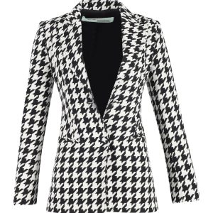 Off-White Wollblazer mit Hahnentrittmuster – Schwarz/Weiß