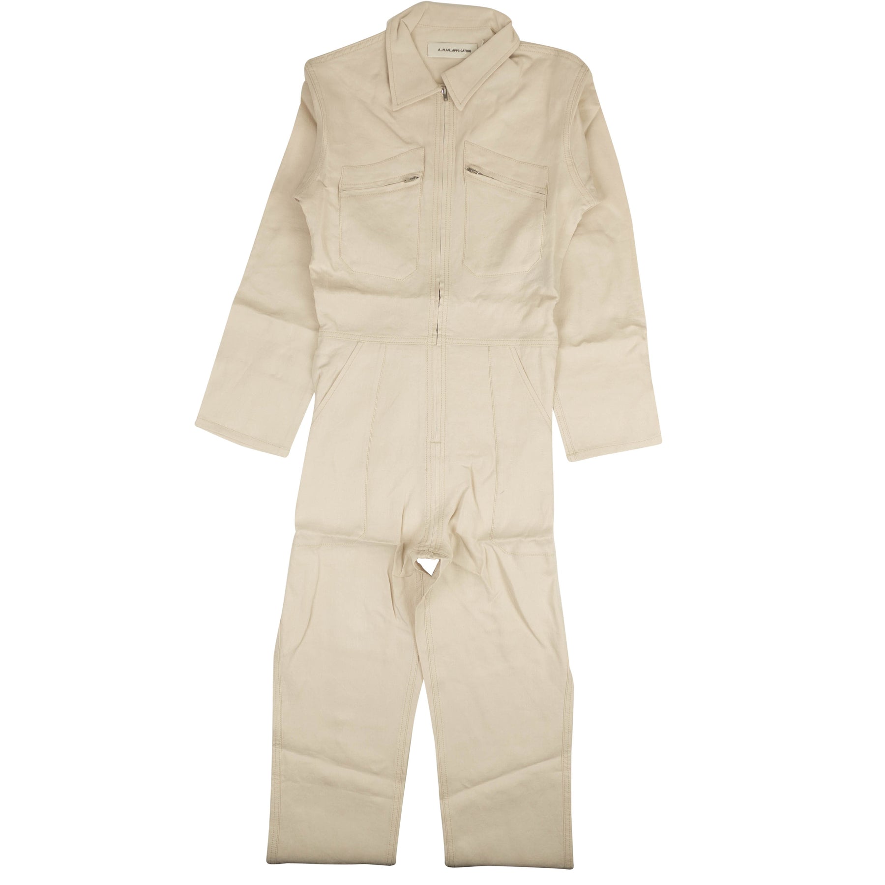 Jumpsuit – Beige, Leinen, Kontrast, Nahtdetail