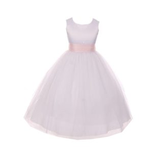 Brautjungfernkleid für größere Mädchen – mit Satinschärpe, mit Schleife – Weiß/Rosa – 8-14