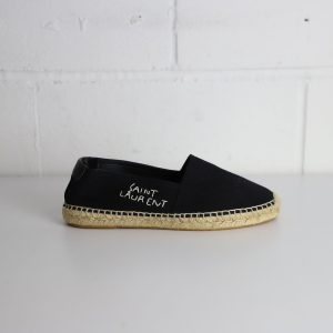 Saint Laurent flache Espadrilles aus Canvas mit gesticktem Logo – Schwarz