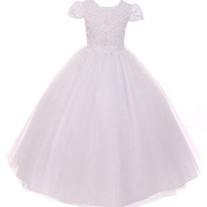 Kleid – Mädchen, Weiß, mit Perlen, mit Pailletten, Akzent, Satin, Tüll, Kommunion, Größe – 7