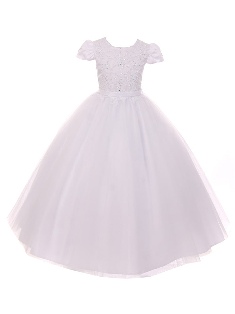 Kleid – Mädchen, Weiß, mit Perlen, mit Pailletten, Akzent, Satin, Tüll, Kommunion, Größe – 7