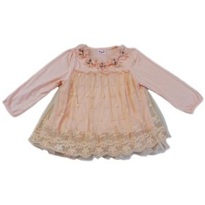Hemd – Mädchen, Korallfarben, mit Spitze, bedeckt, Blume, verziert – S (9-24M)-XL (6-8)