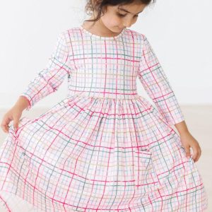 Schwingendes Kleid – Rosa, Karomuster, Taschen, 3/4-Ärmel