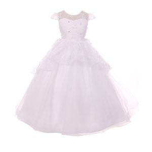 Kleid – Mädchen, Weiß, Blumenmuster, Muster, mit Spitze, Schößchen, Tüll, Kommunion – 12