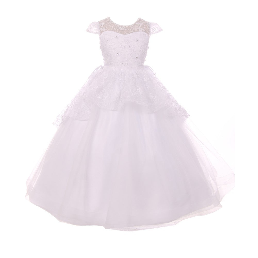 Kleid – Mädchen, Weiß, Blumenmuster, Muster, mit Spitze, Schößchen, Tüll, Kommunion – 12