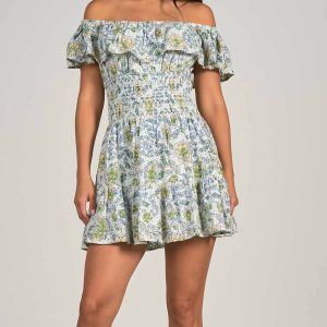 Schulterfreies Kleid mit Rüschen und Blumenmuster – Weiß