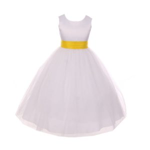 Blumenmädchenkleid für kleine Mädchen – aus Tüll, mit Satinschärpe, mit Schleife – Weiß/Gelb – 2-6