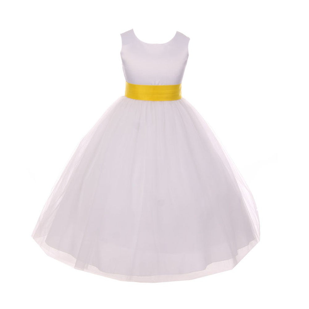 Blumenmädchenkleid für kleine Mädchen – aus Tüll, mit Satinschärpe, mit Schleife – Weiß/Gelb – 2-6