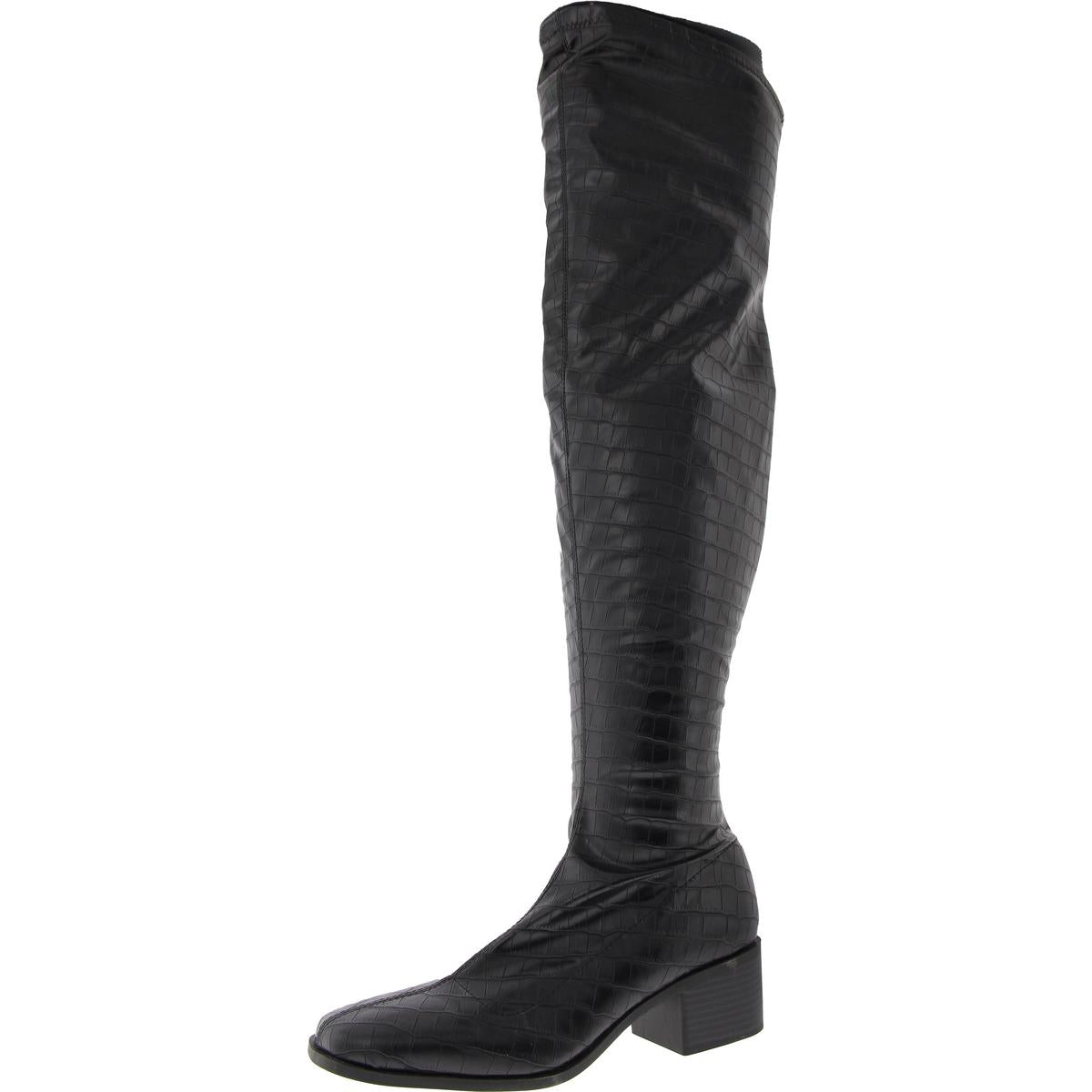 Kniehohe Kunstlederstiefel mit Animal-Print