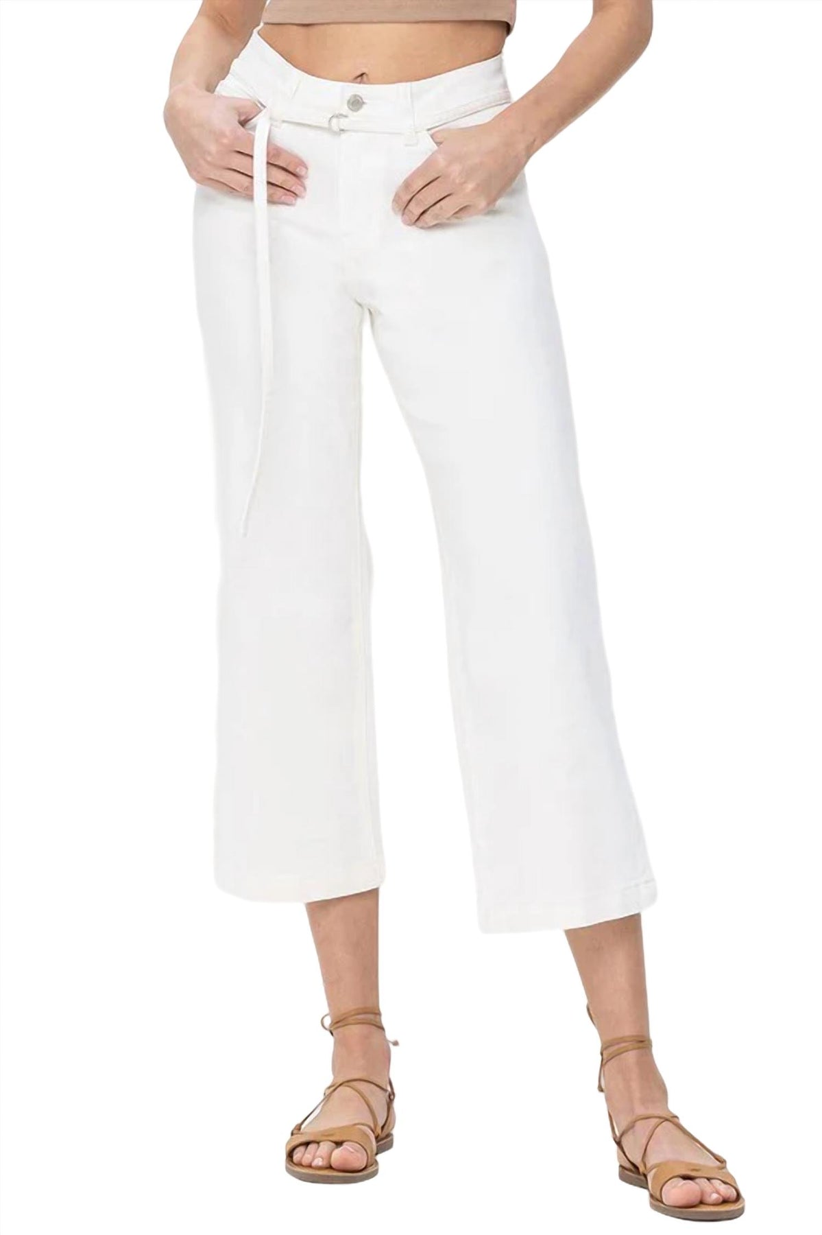 Jeans – hoher Bund, verkürzt, weites Bein, Cremeweiß