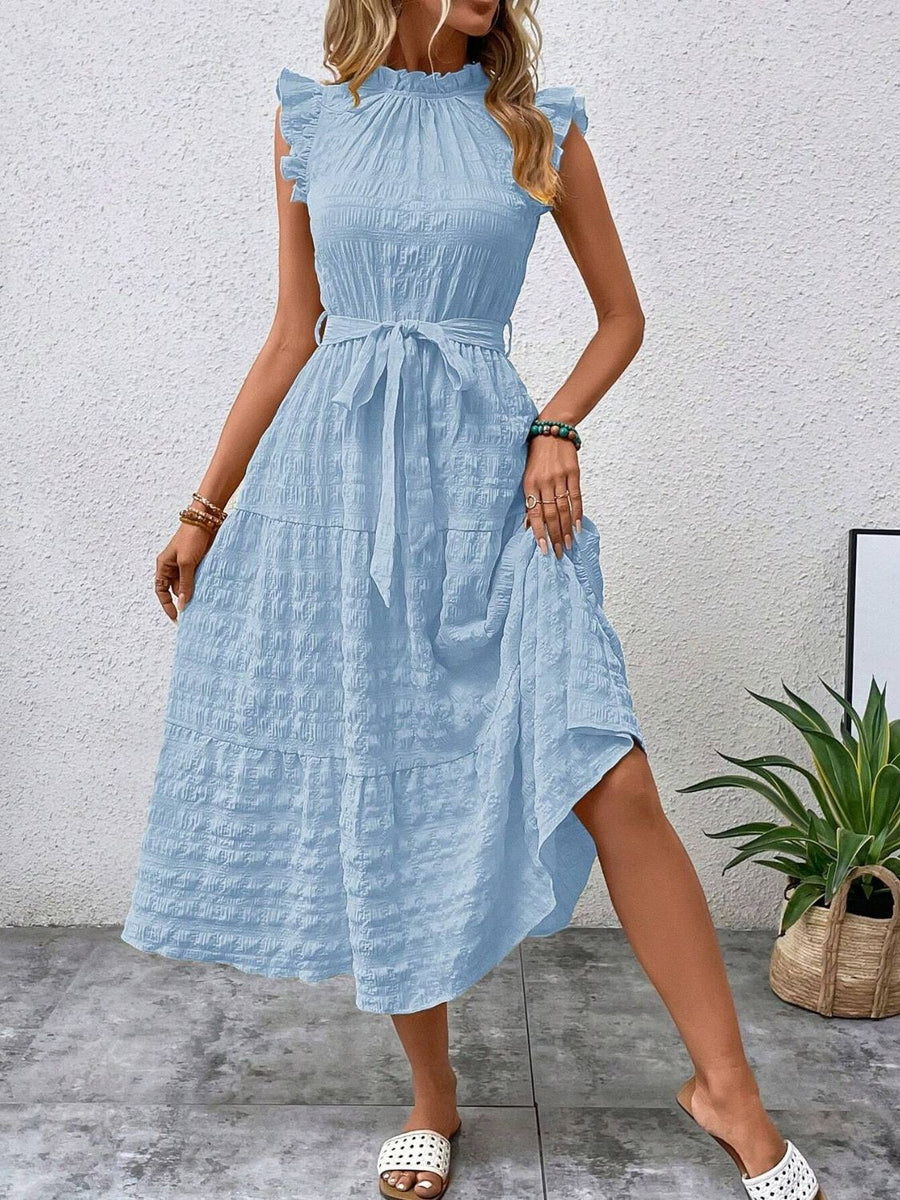 Midikleid – gebunden, gerüscht, kurze Kappenärmel