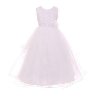 Kleid – kleine Mädchen, Weiß, mit Perlen, Blume, verziert, mehrlagig, Blumenmädchen – 4-6