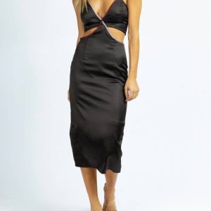 Midikleid – Kontrastbesatz, Satin, Schwarz