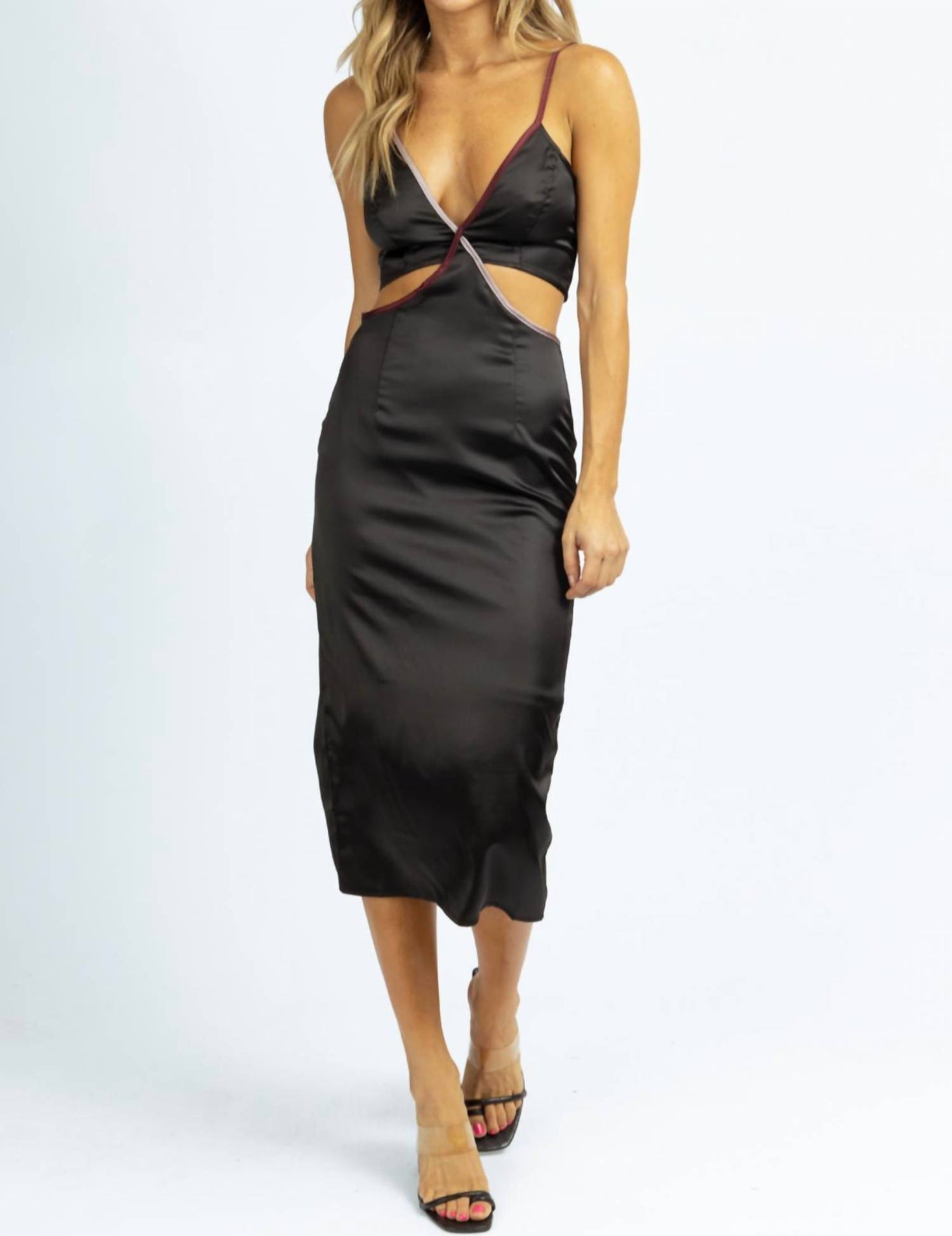 Midikleid – Kontrastbesatz, Satin, Schwarz