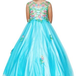 Kleid – kleine Mädchen, Aqua, Rosa, Blumenmuster, mit Stickerei, mit Spitze, Tüll, Blumenmädchen – 4-6