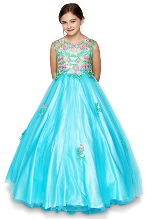 Kleid – kleine Mädchen, Aqua, Rosa, Blumenmuster, mit Stickerei, mit Spitze, Tüll, Blumenmädchen – 4-6