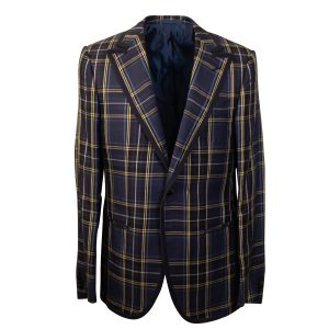 Einreihiger karierter Blazer aus Seide und Leinen – Marineblau