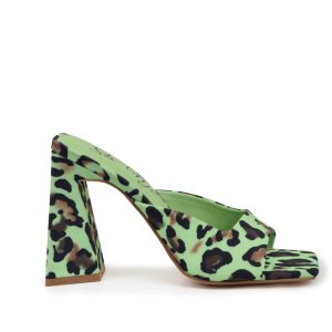 Sandalen – Damen, Pantoletten, Grün, Leopardenmotiv
