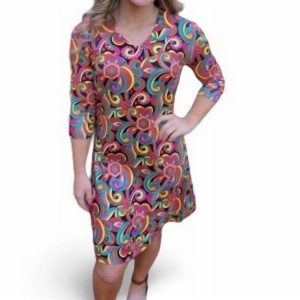Kleid – Blumenmuster, Print, V-Ausschnitt, Schwarz, Mehrfarbig