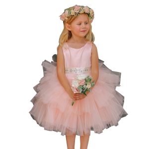 Blumenmädchenkleid aus Satin und mehrlagigem Tüll mit abnehmbarem Bindegürtel – Blush, 2–6
